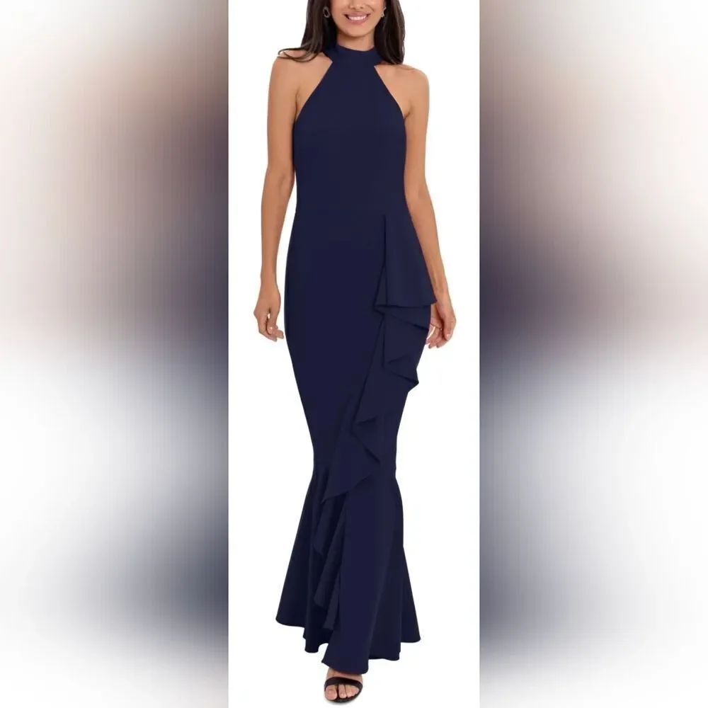 Betsy & Adam High-Neck Ruffle-Detail Slit-Hem Gown NWT Size 8 Navy Blue